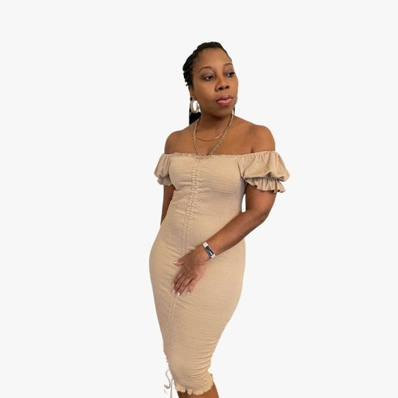 (NWT) Smocked Ruched Dress (Midi or Mini) - Khaki - Picture 5 of 6